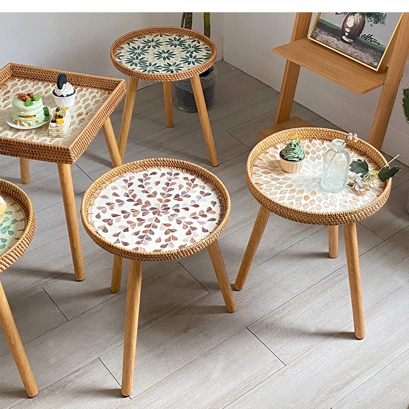 Handmade rattan woven colorful shells household tea table light luxury modern small living room furniture