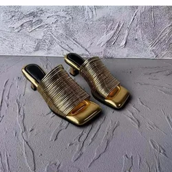 Square head with a line with a fine heel sandals women's summer new bright high heels half drag shoes