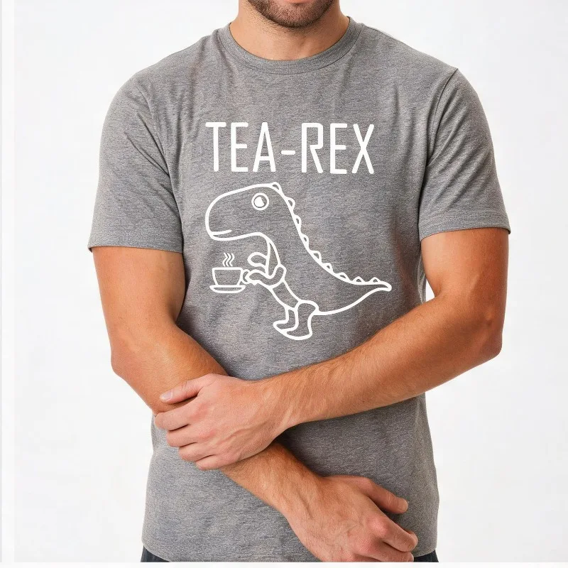 Humor Tea Rex Doodle Dinosaur Holding Tea Cup Print Men 100% Cotton Casual Top Cute Cartoon Crew Neck Short Sleeve Casual Tee