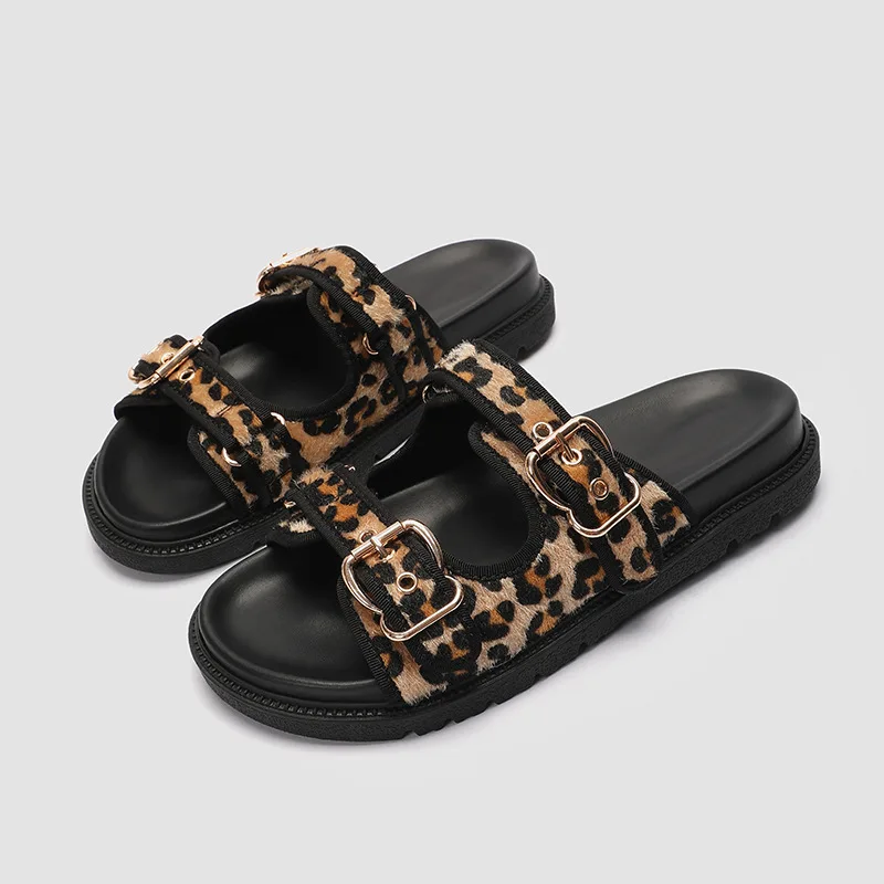 

2024 European and American New Top Quality Women's Shoes Animal Print Flat Bottom Buckle Thick Bottom Casual Women's Slippers