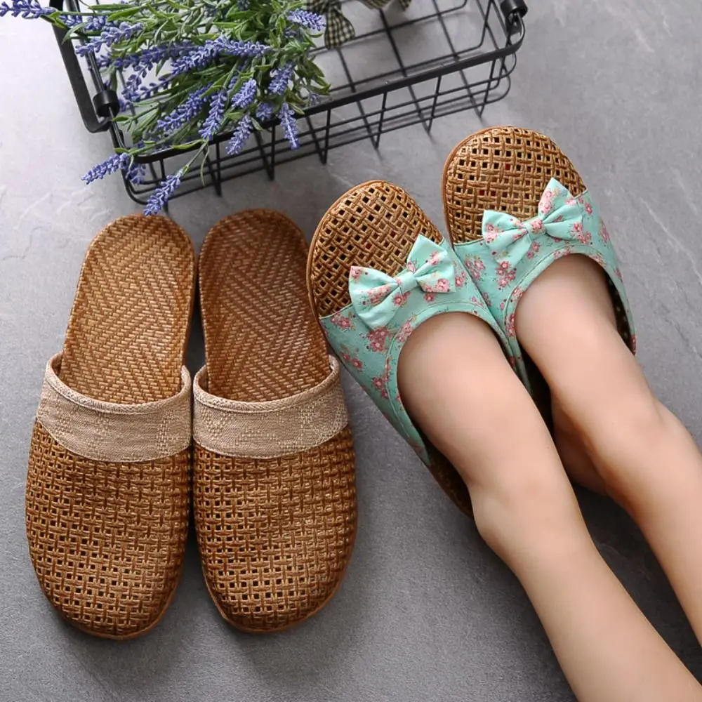 Sweat Absorption Bowknot Flax Linen Slippers Hollow Out Low-cut Closed-toe Sandals Home Shoes Babouche Slippers Women Summer