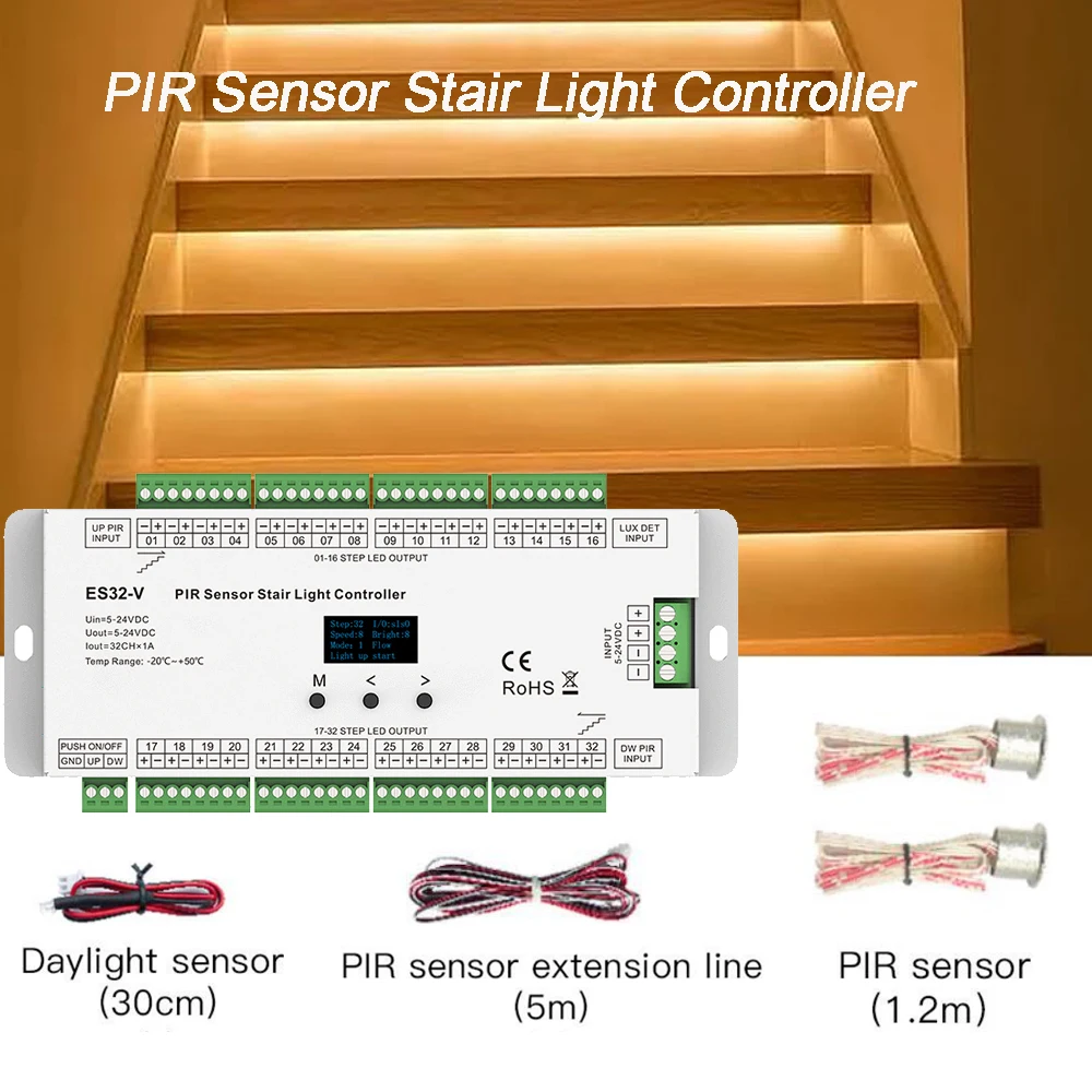 Imagem -01 - Pir Sensor Stair Light Controller Run Modes Running Light sob Stair Tread Control Indoor Led 32 ch dc 12v 24v pir sensor stair light controller run modes running light sob stair tread control indoor led 32 ch dc 12v 24v 01