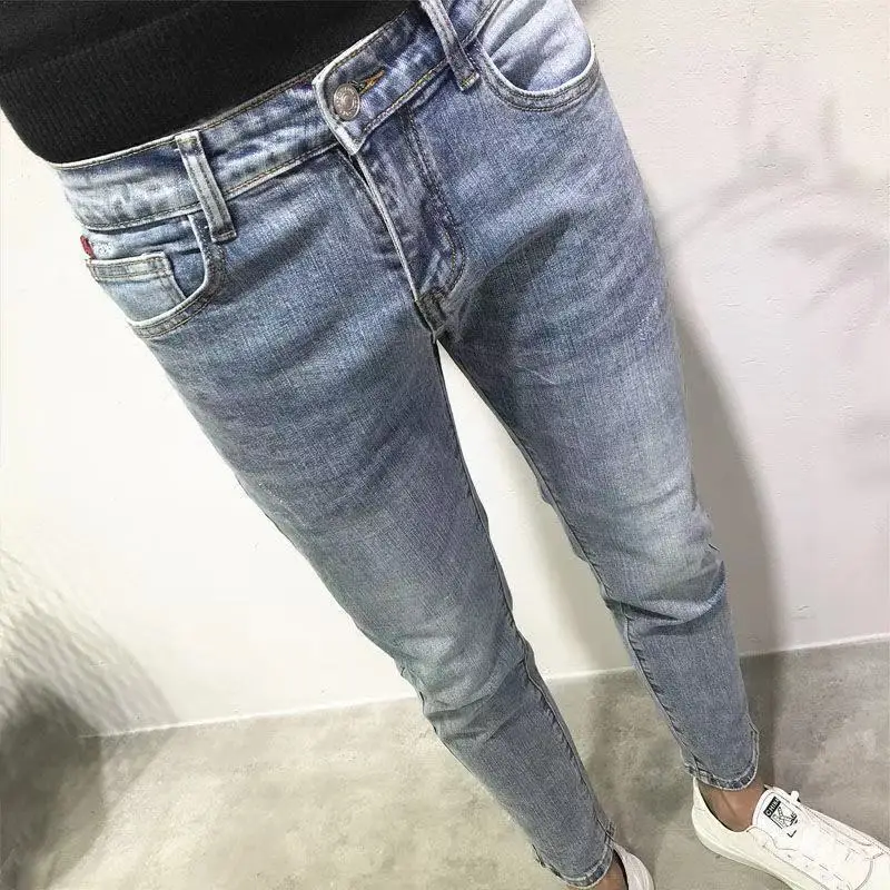 

New Polished Denim Fabric Washed Korean Fashion Men Ripped Cowboy Jeans Pants Skinny Cloth Stylish Blue Vintage Cropped Trousers