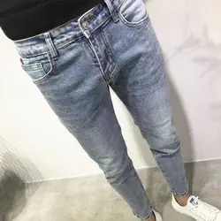 남성용 찢어진 카우보이 청바지 바지, 세련된 블루 빈티지 크롭 팬츠, 세련된 청바지, 세련된 청바지, 세련된 데님 원단, 한국 패션, 신제품