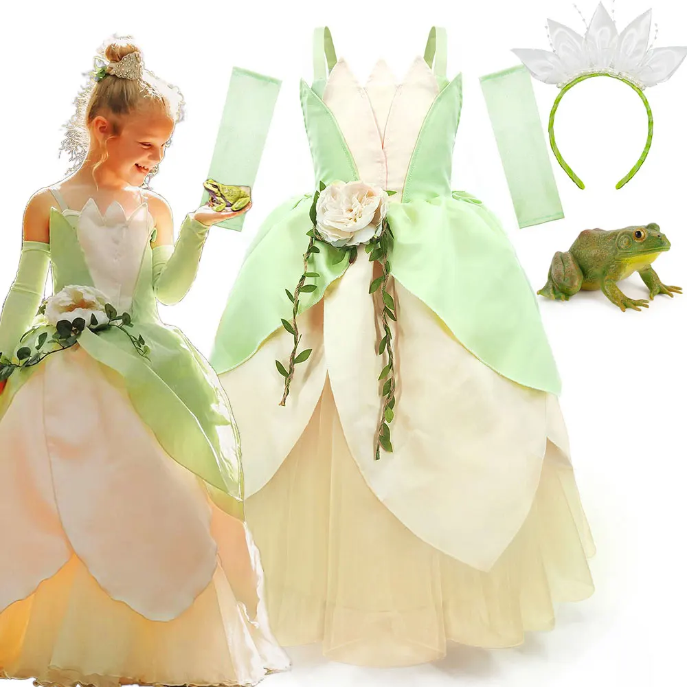 2024 Fancy Princess and Frog Story Cosplay Kid Princess Ball Gown off Shoulder Tiana Deluxe Royal Frock Girls Prom Party Costume