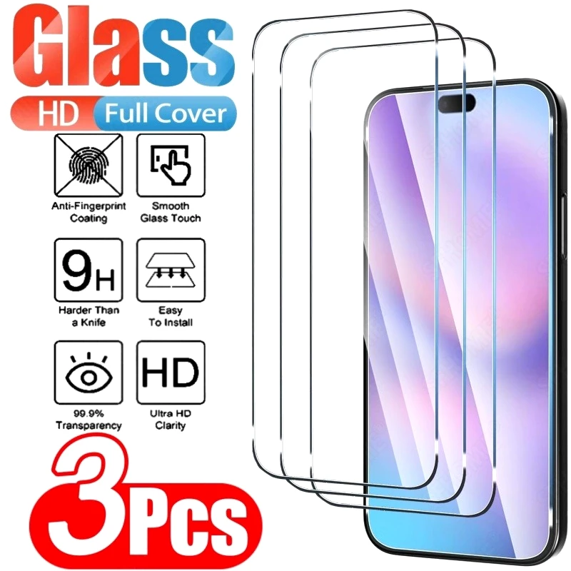 

3Pcs Ultra HD Screen Protector for iPhone 17 16 15 14 Pro Max Air 15 16 Plus 13 12 11 Pro XR XS Max 9H Hardness Tempered Glass