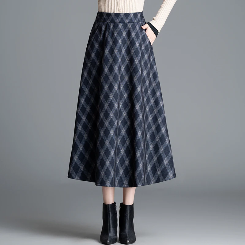 

High Waist Plaid A-Line Skirt Women's Autumn Winter Vintage Full Skirt Slimming Long Umbrella Skirt with ket Ci Commute ...