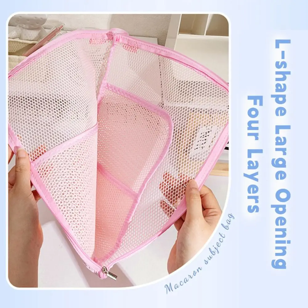 Multi Functional Mesh A4 File Folder L-shape Large Opening Dopamine Color File Bag Large Capacity Document Folder Gift