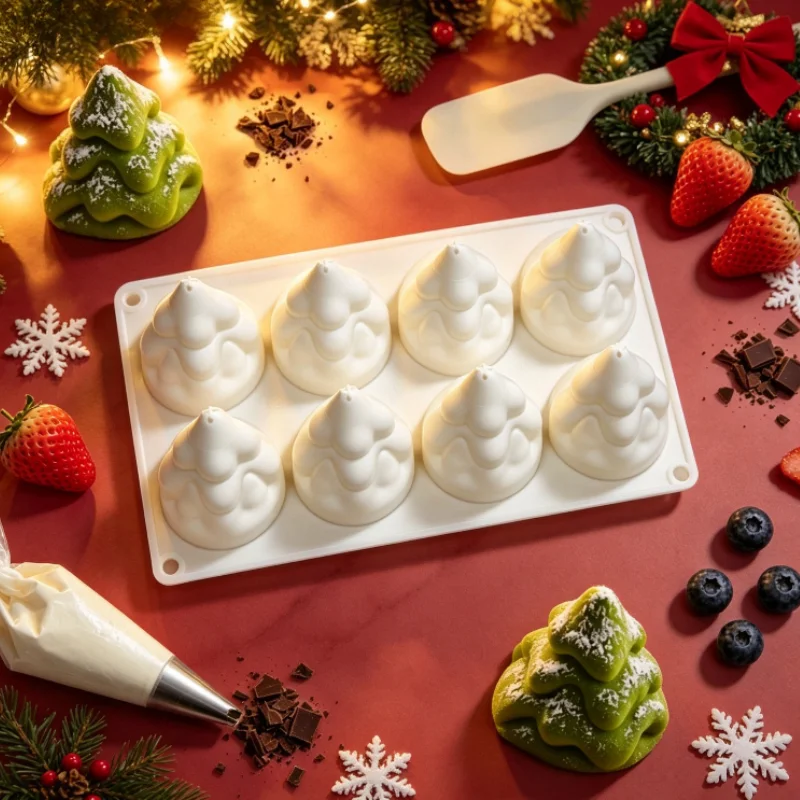1pc Snow Tower Christmas Tree Silicone Mold 8 Cavities 3D Layered Nonstick Easy Release for Winter Holiday Dessert Gift
