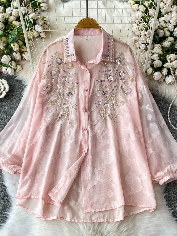 

Женская модная летняя куртка свободного кроя с воротником, украшенная бисером, для защиты от солнца, коллекция 2024