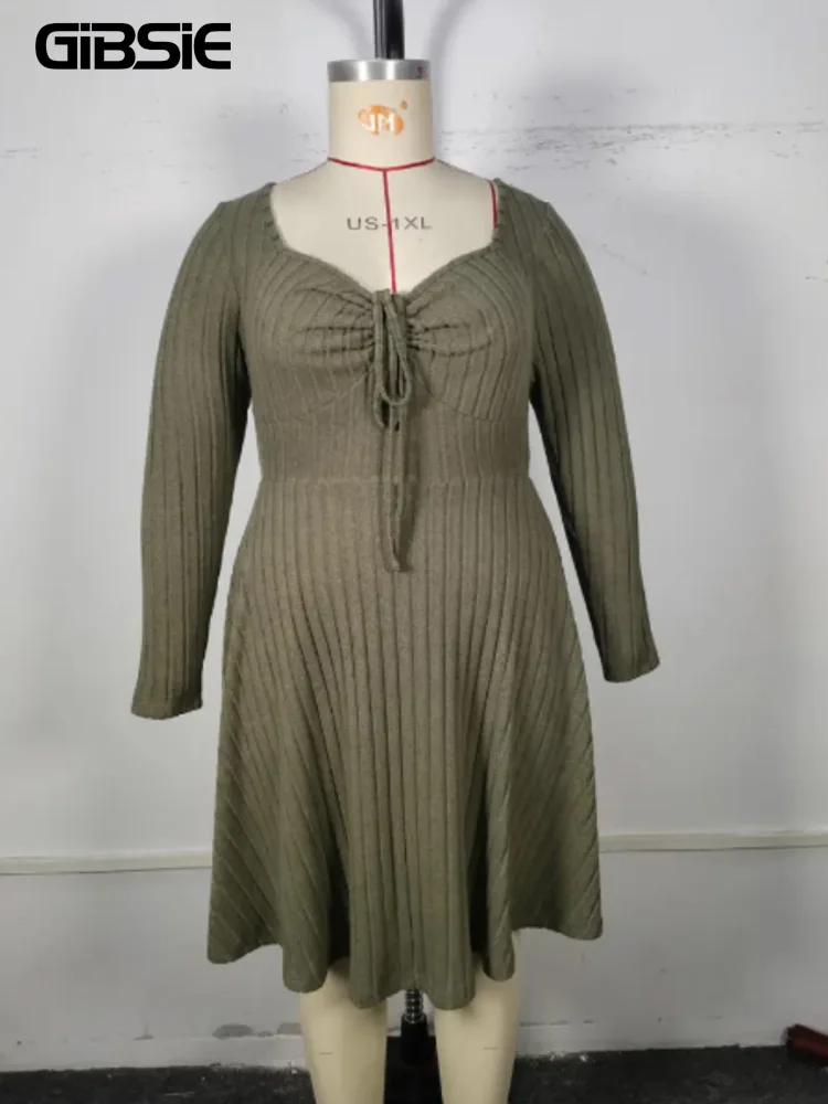 GIBSIE-Robe trapèze en tricot à manches longues pour femmes, grande taille, col fantôme, nœud sur le devant, robes d\'hiver décontractées, vintage,