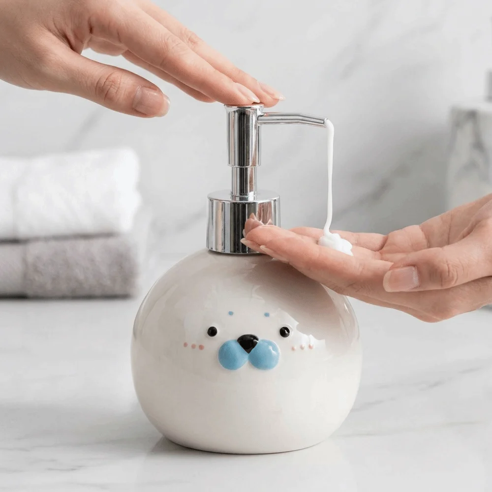 Cute Ceramic Hand Sanitizer Bottle Pump Style 350ML Seal Liquid Soap Bottle Refillable Empty Shower Gel Dispenser Shower Gel