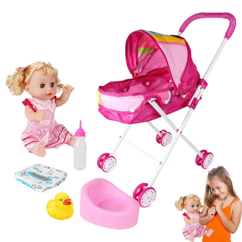 Babys Doll Stroller Set Doll Playsets Simulation Baby Dolls Stroller Carriage Foldable Kids Pretend Play Toy For Little Kids