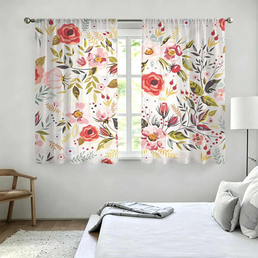 2Pcs Rod Pocket Curtain Light Block Privacy Drape Living Bedroom Retro Red Floral Leaf Print Window Curtain For Home Decor