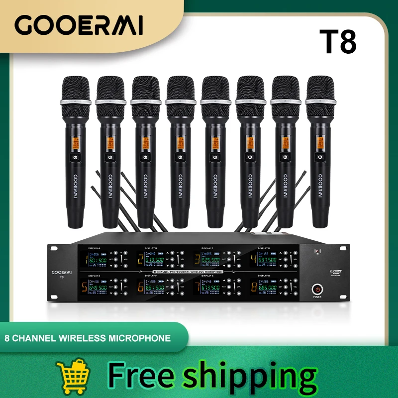

Профессиональная беспроводная UHF-система микрофонов Gooermi T8: динамический микрофон, ручной микрофон, петличный микрофон, сценический микрофон, 8 каналов.