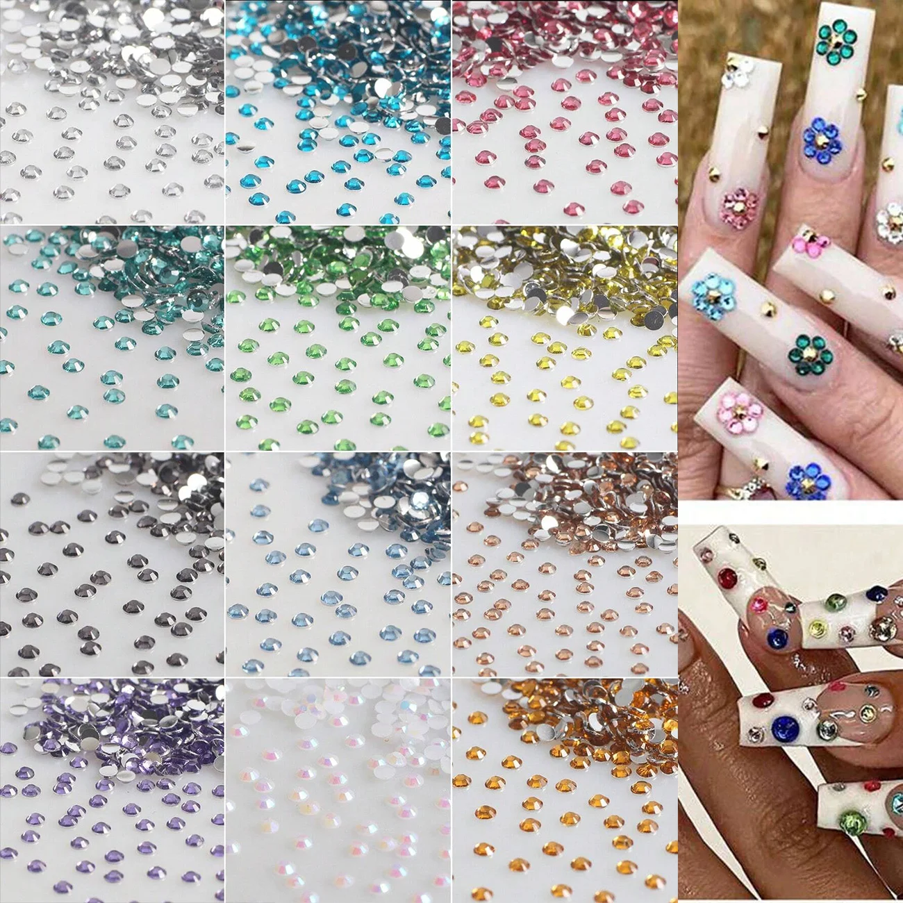 6000PCS 12 Colors Flatback Resin Rhinestones for Nail Art with Wax Pencil, Multicolor AB 2mm Nail Gems and 3D Nail Charms view 6