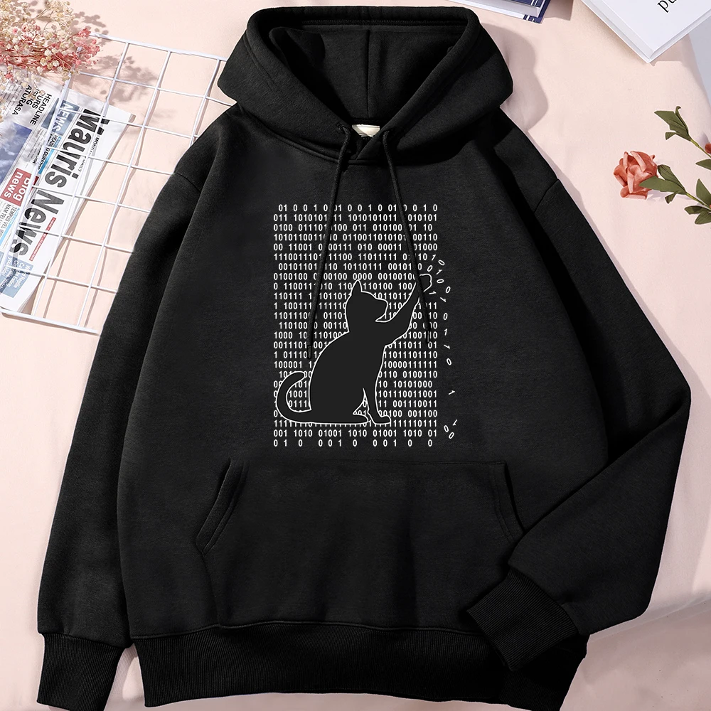 

Funny Cat Is Playing With Binary Code Male Hoodies Personality Soft Pullovers Oversize Loose Sweatershirt Simple O-Neck Male Top