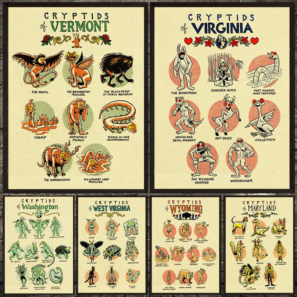 

Cryptids From Folklore, Mysterious Creature Art Poster Print, The Mothman,Werewolf,Goatman,Witch, Wall Art Canvas Painting Decor