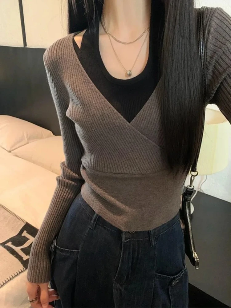 

Two Piece Halter Black Tops Women Y2k Slim Fit Long Sleeve Sweaters Mujer 2025 Early Spring New Knitted Pullover