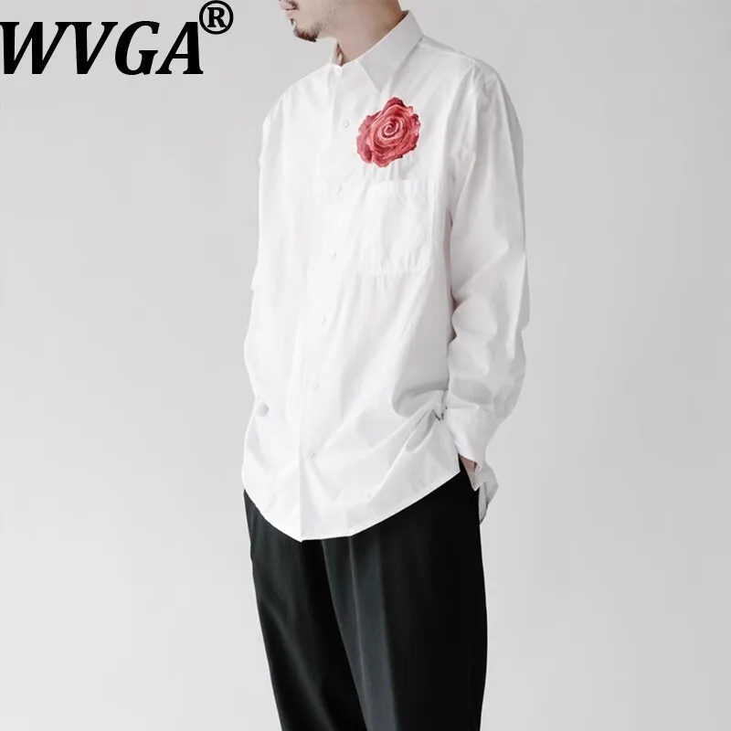 

WVGA Spring Autumn New Man High Street Rose Flower Embroidered Trendy Long Sleeve Shirt Niche Chic Casual Cotton Tops Ins W12718