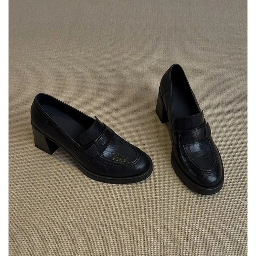 Spot Loafers Women's Thick Heel High Heel Versatile Round Head One-pedal Small Leather Shoes Single Shoes Women