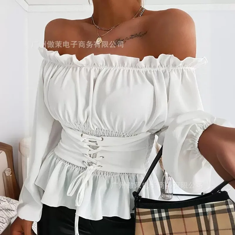 Women\'s Solid Color Slim Fit Pleated Bandage Shirt 2024 Spring Summer New Blouse Top Women\'s Casual Off-Shoulder Slash Neck Top
