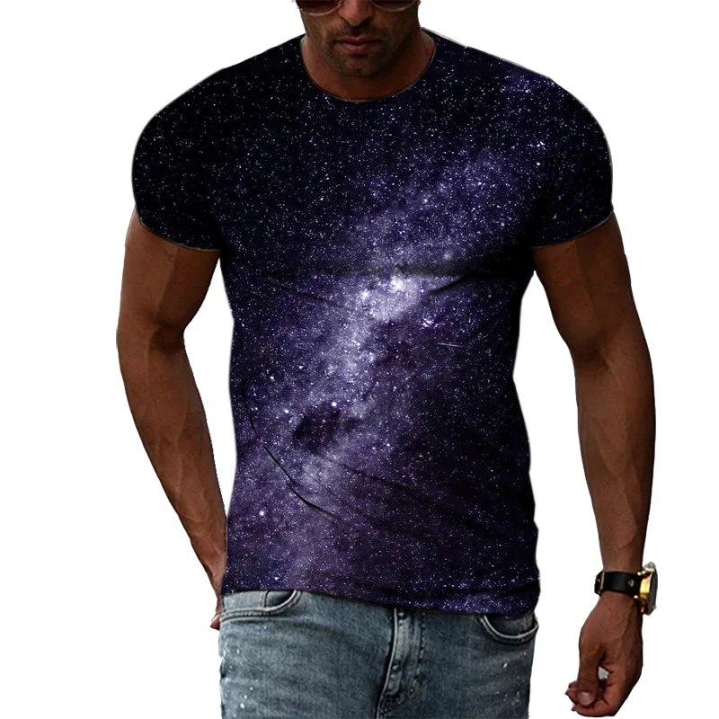 Summer Hot Sale Starry Sky 3D Printed T-Shirt Purple Galaxy Universe Men\'s O-Neck Fashion Short Sleeve Hip Hop Street Casual Top