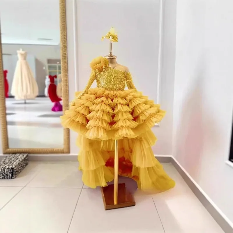 Kids Girl Party Princess Dress with Train Children Piano Girl Wedding Evening Party Celebration Performance Pageant Gown Flower