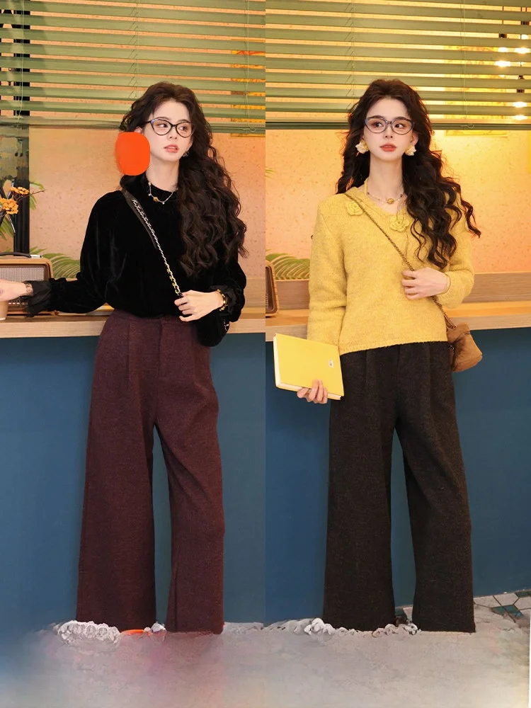 

Женские брюки с высокой талией, широкими прямыми штанинами, с кружевной отделкой, шерстяные, повседневные, осень-зима 2025, от Chen Jieli