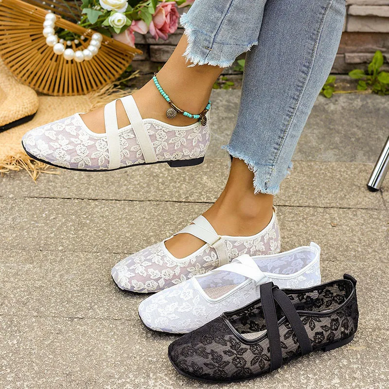 Women's Floral Lace Mesh Mary Jane Flats Breathable Square Toe Elastic Strap Loafers Cute Casual Shoes for Daily Wear Summer