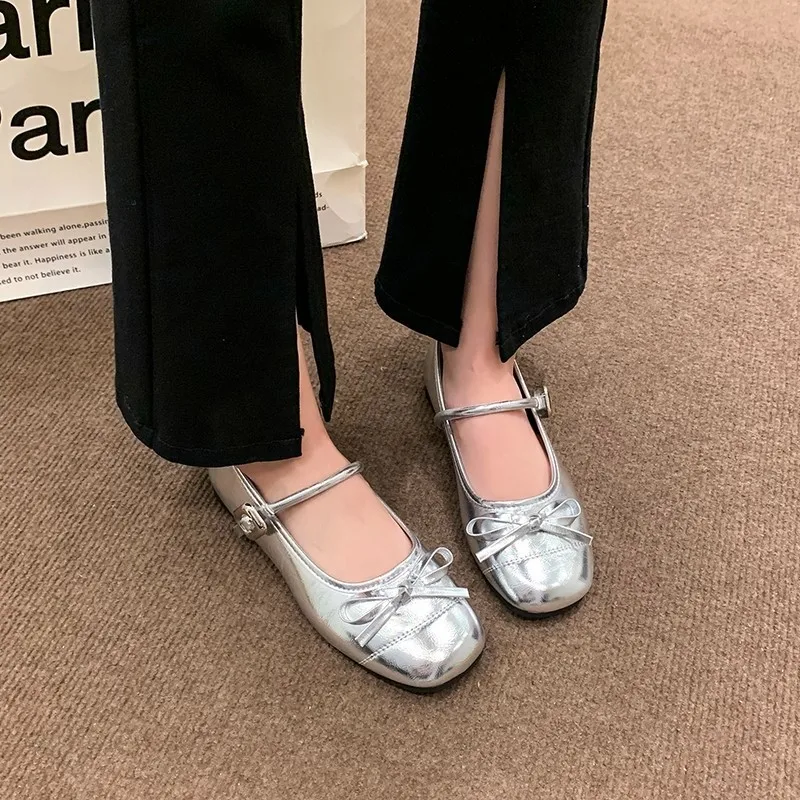 Women's Silver Mary Jane Shoes Spring and Summer Fashionable Elegant Light Bow Flats Comfortable Single Shoes with Metal Buckle