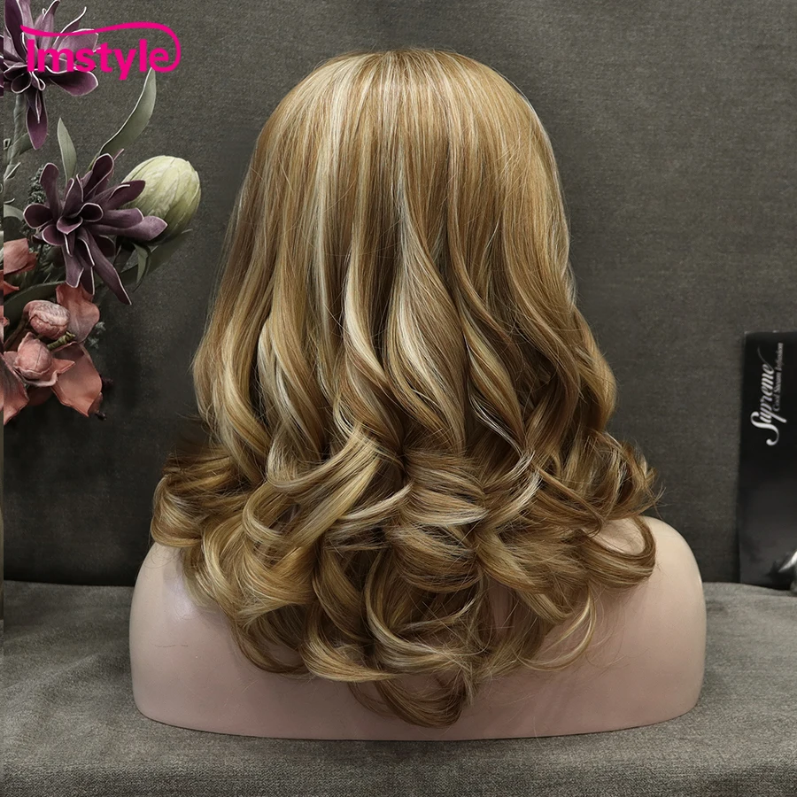 Imstyle Synthetic Lace Front Wig Brown Wig Highlight Blonde Wig Natural Wavy Wig Heat Resistant Fiber Cosplay Wig 16 inch