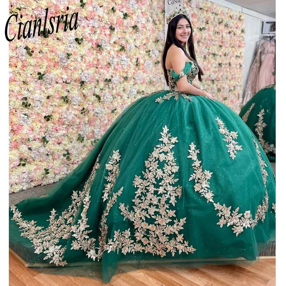 Verde Fora Do Ombro Ball Gown Vestido Quinceanera Para Menina Frisado Birthday Party Vestidos Apliques Prom Vestido De 15 Ano