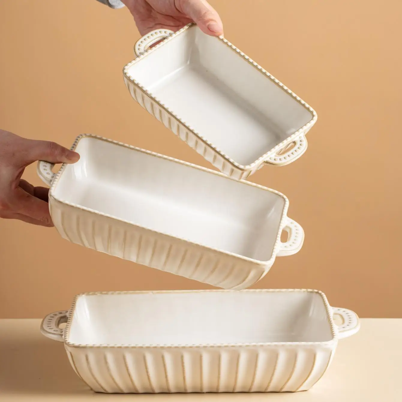 DSA white striped simple and elegant kiln-changed ceramic baking pan, modern rectangular ceramic baking pan baking pan