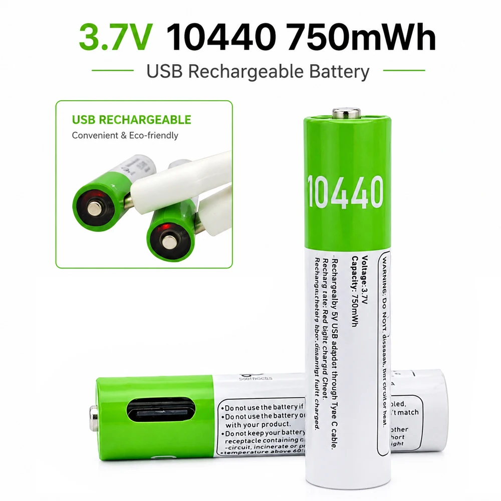 10440 3.7V 750mWh USB Rechargeable Li-ion Battery AAA Button Top for Camera Headlamp Mechanical Mod Torch Headlight Vap + Cable