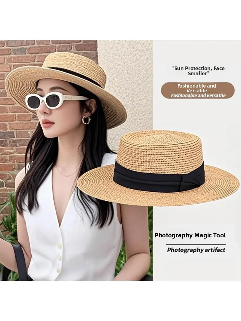 

2025 New Summer Women's Beach Sandals Flat Top Straw Hat Woven Sun Protection Hat UV Protection Casual Style Summer Hat