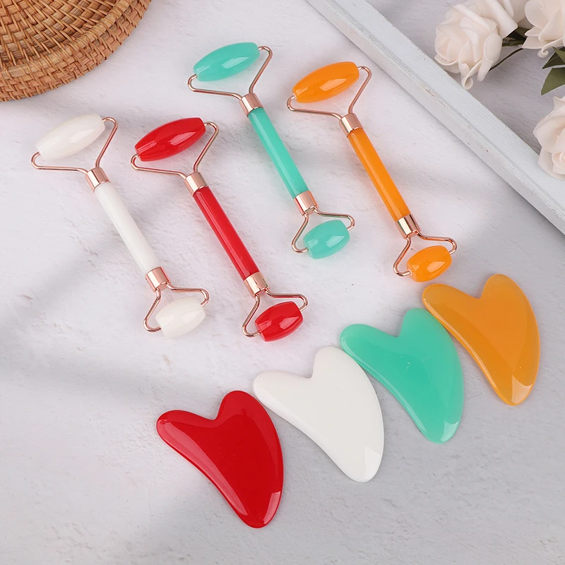 2Pcs Face And Neck Massager Resin Roller Beauty Scraping Double-ended Massage Stick To Unblock And Relax Non-rose Crystal Jade