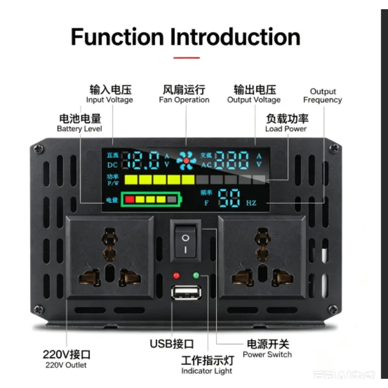 12V 24V to 220V Power Inverter, High‑Power Car Home Truck Vehicle Power Converter with AC Outlet Socket