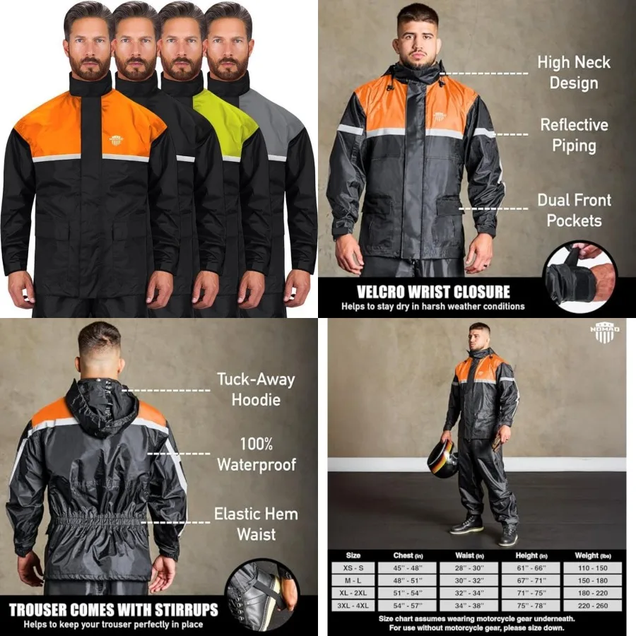 

Waterproof Motorcycle Rain Suit, 2-Piece Reflective Gear, Lightweight Riding Jacket and Pants, Protective Raincoat with Hoodie