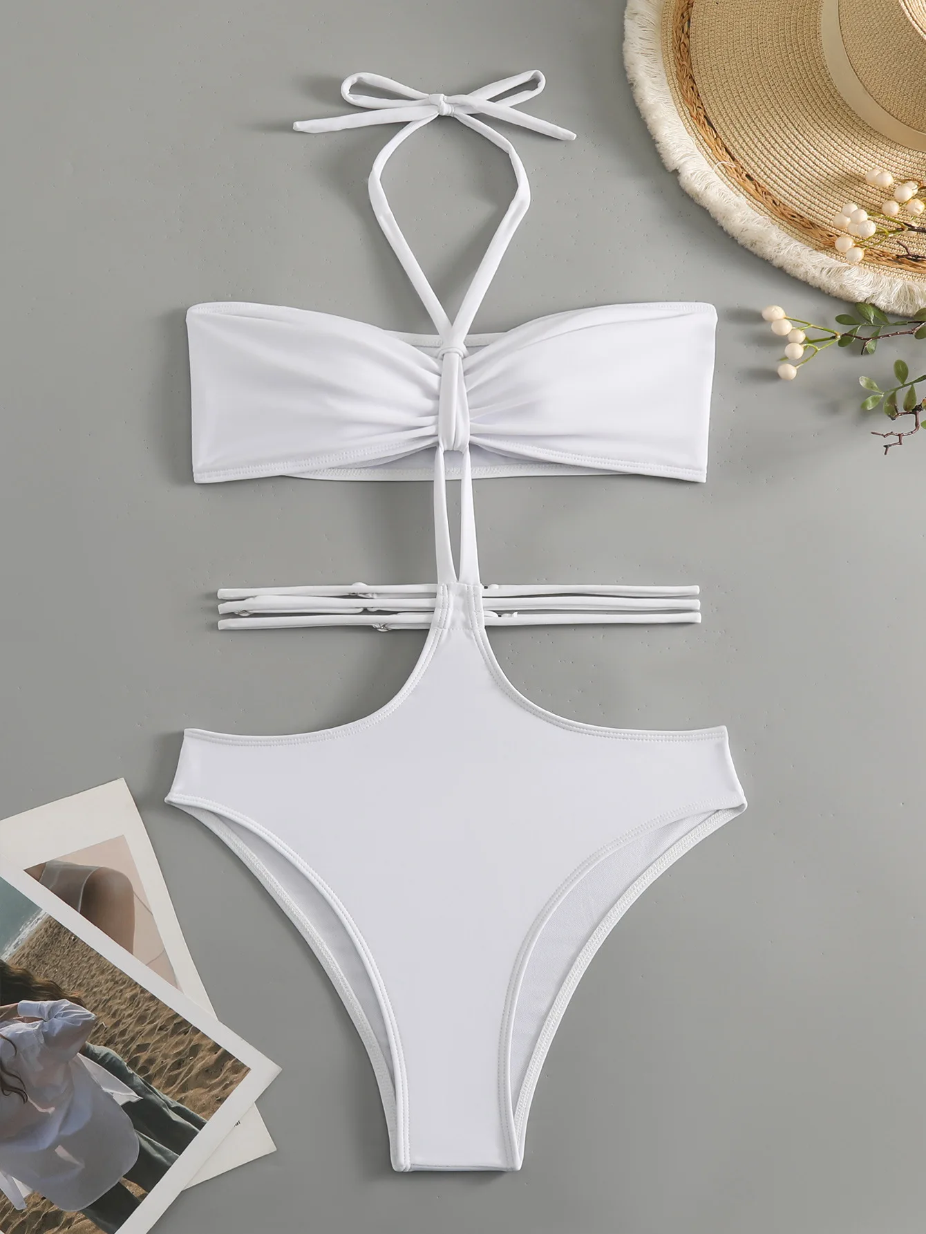 

White Sexy Halter One Piece Swimsuit Backless Brazilian Bikini with Straps Hollow out Dot Print Beachwear for Women