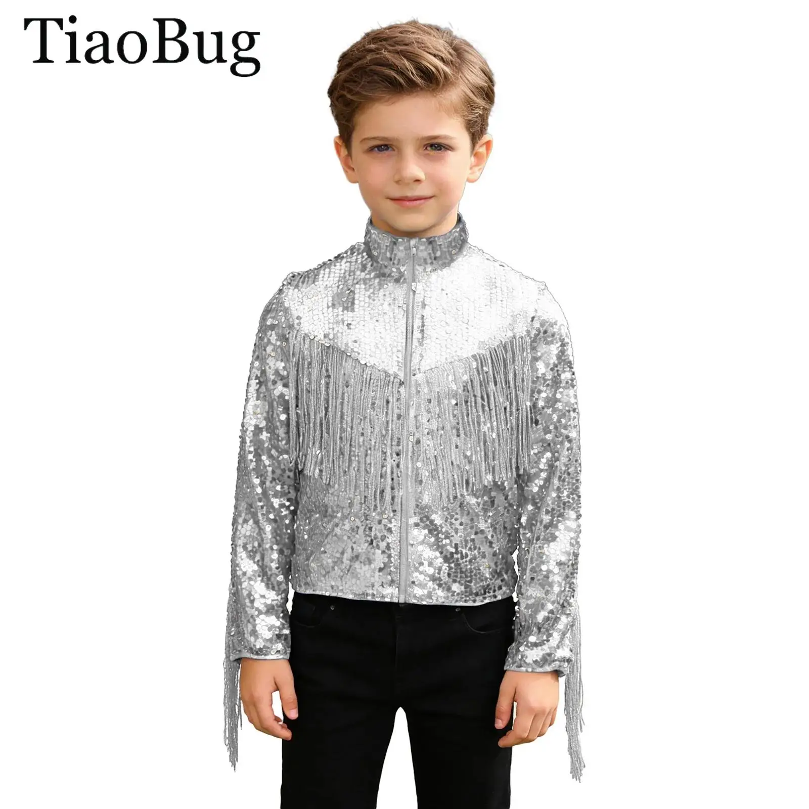 

Boys Shiny Sequin Disco Jacket Long Sleeve Zipper Fringe Tassel Coat Outerwear Cowboy Fancy Party Performance Jazz Dancewear