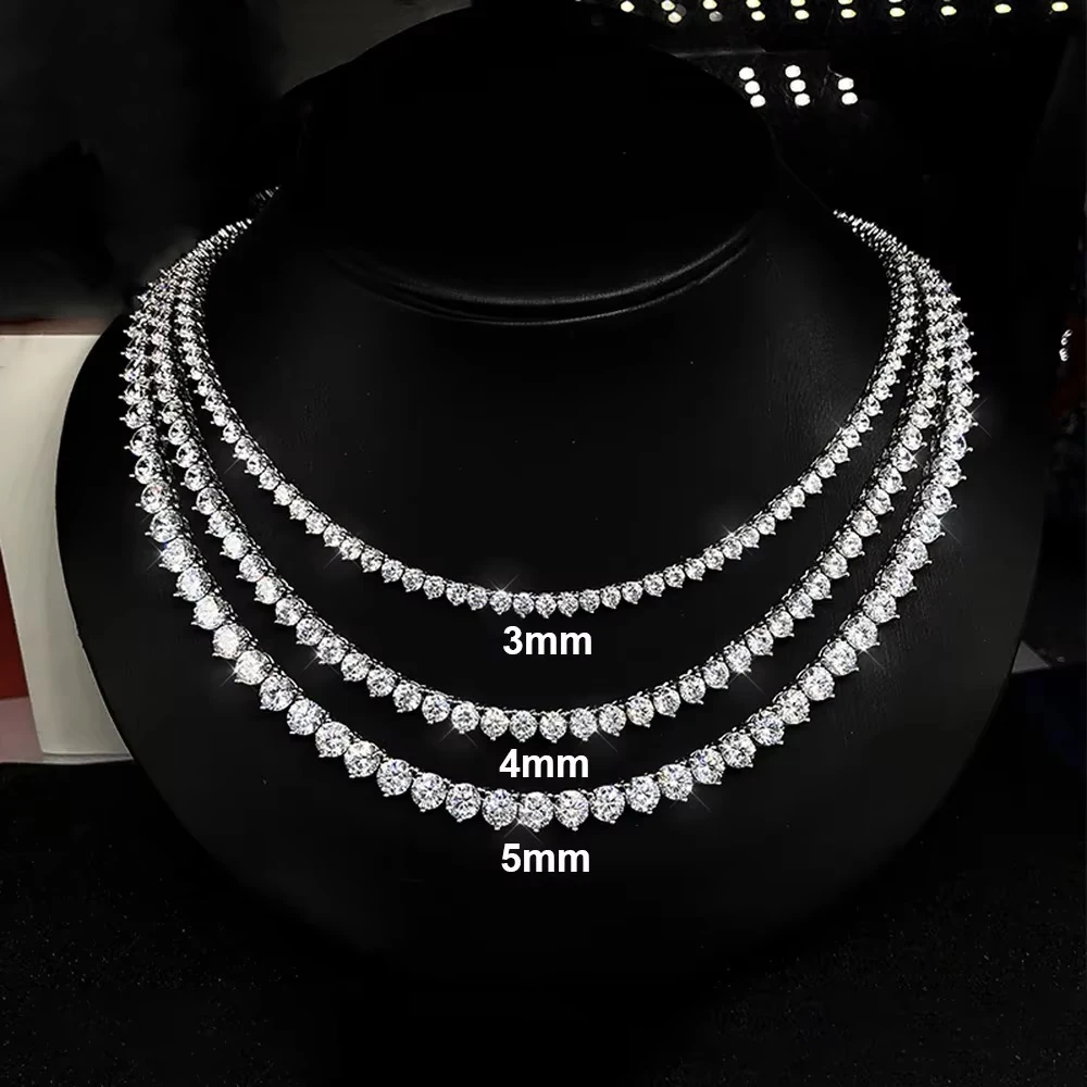 3/4/5mm  Moissanite Tennis Necklaces for Women Men 925 Sterling Silver 3-Prong Setting Diamond Riviera Necklace With Certificate