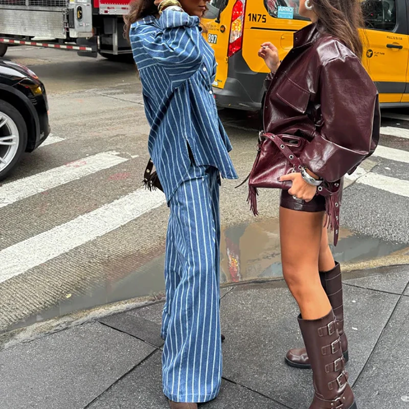 Conjunto informal de dos piezas con estampado de rayas para mujer, camisa de manga larga con botones de solapa, traje vaquero elegante con pantalones de pierna ancha, novedad de 2026