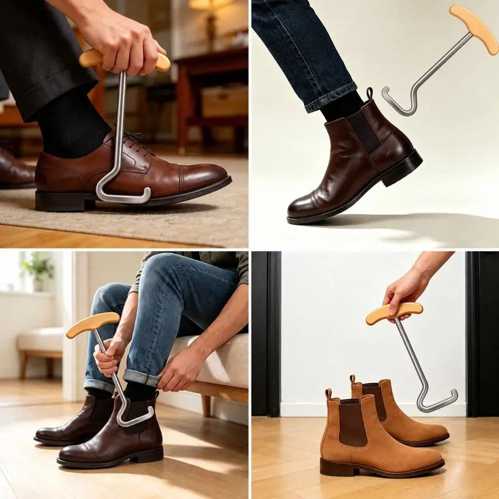 Portable Wooden Handle Boot Hooks Metal T Handle Boot Puller Smooth Boot Pulls Hooks Home Use