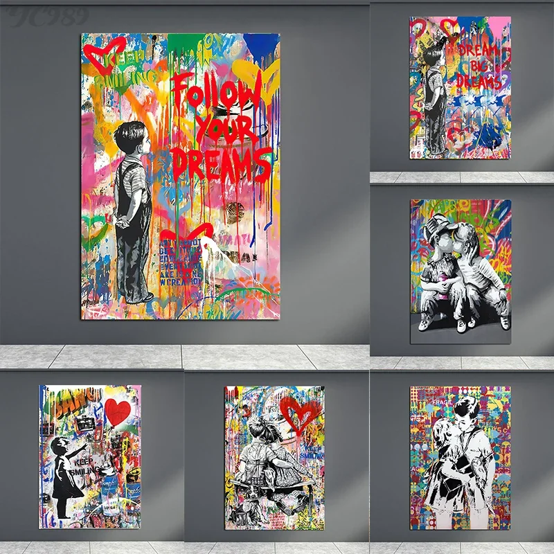 Banksy Dream Big Dreams Boy Graffiti Oil Painting Canvas Print Street Pop Art Posters Prints Wall Picture Living Room Home De