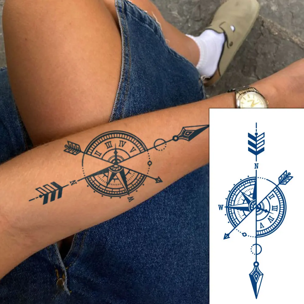 Adesivo de Tatuagem Temporária à Prova d'Água Juice Ink: Relógio, Bússola, Geometria, Chamas, Espinhos, Dragão - Tatuagem Falsa para Arte Corporal Masculina e Feminina