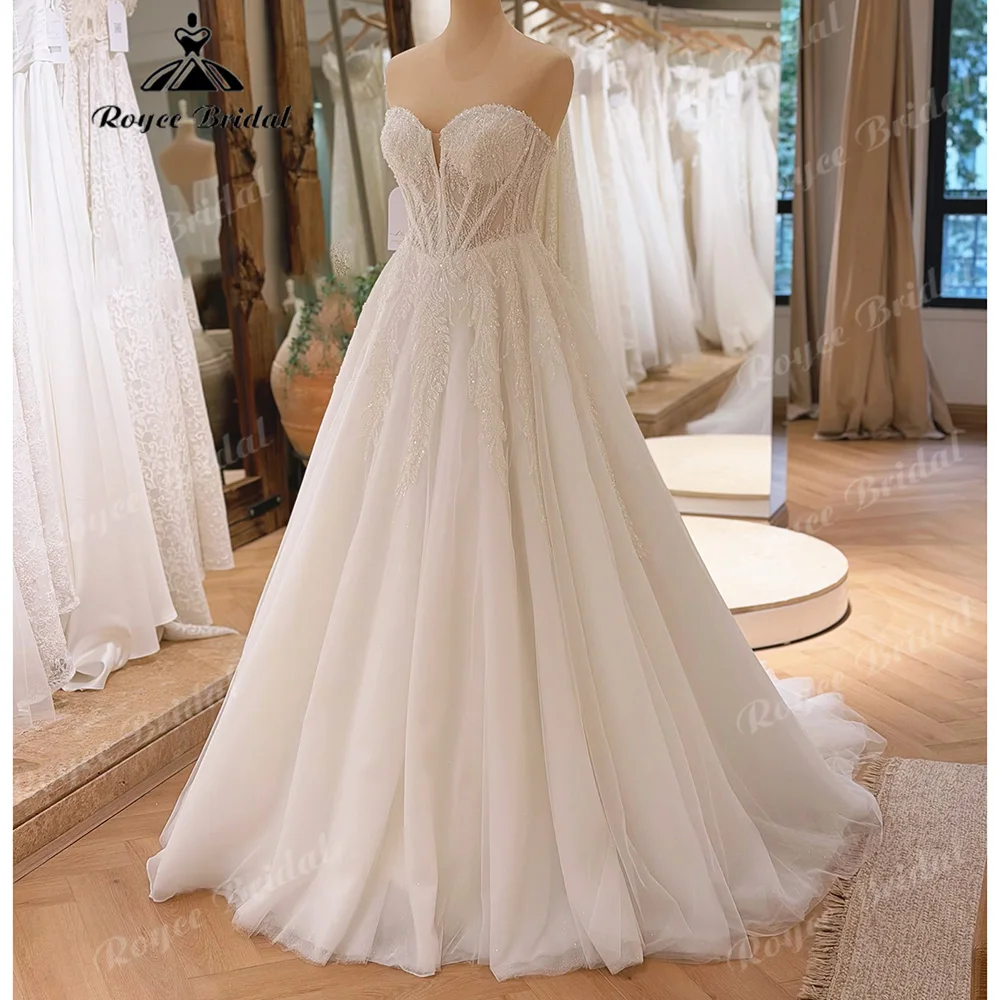 Strapless Sweetheart Ballgown Wedding Dress Beaded Feather Lace Sheer Corset Bridal Gown Lace Up Back Abiti Da Sposa Customized