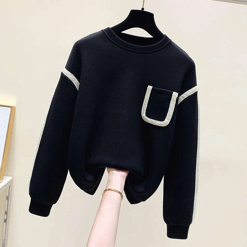 autumn Hoodies pocket Sweatshirt Streetwear Women Harajuku Oversized Pullovers Korean Fashion Casual Long Sleeve black Tops chic