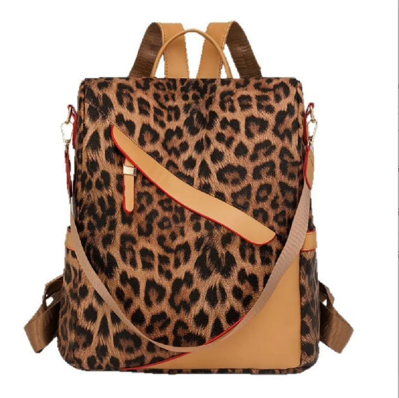 

New Women's Fashion Trend Leopard Printing Soft Leather Travel Backpacks Ladies Large Capacity Shoulder Bags Totes School Bag