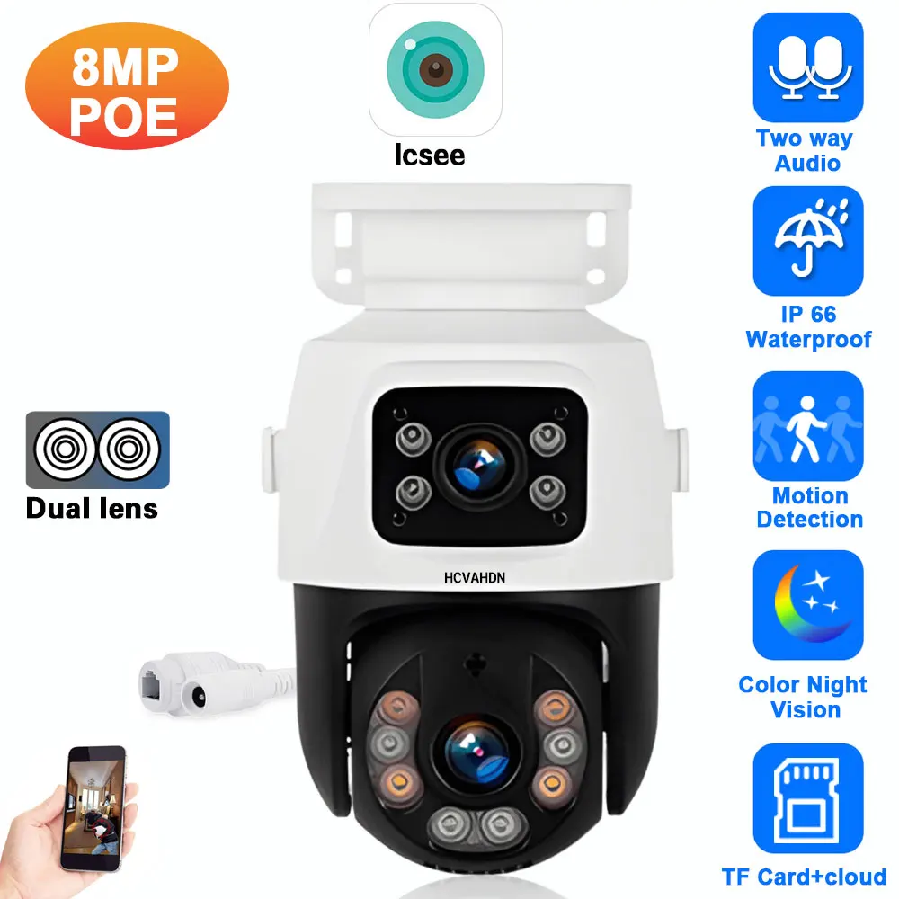 4K 8MP PTZ IP Camera POE Dual Lens with Dual Screen Human Detect Auto Tracking Wireless Outdoor Surveillance Camera Onvif ICSEE